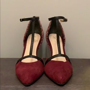 Maroon suede and knit t-strap Seychelles